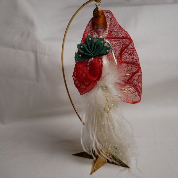 Vintage Christopher Radko Angel Ornament With Red Veil & Feather Dress Italy - Picture 4 of 8